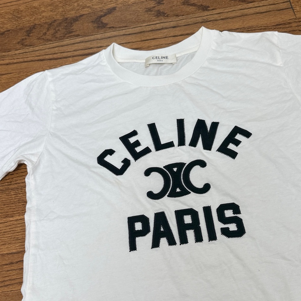 Celine White Logo Tee with Black Embroidered Paris Graphic